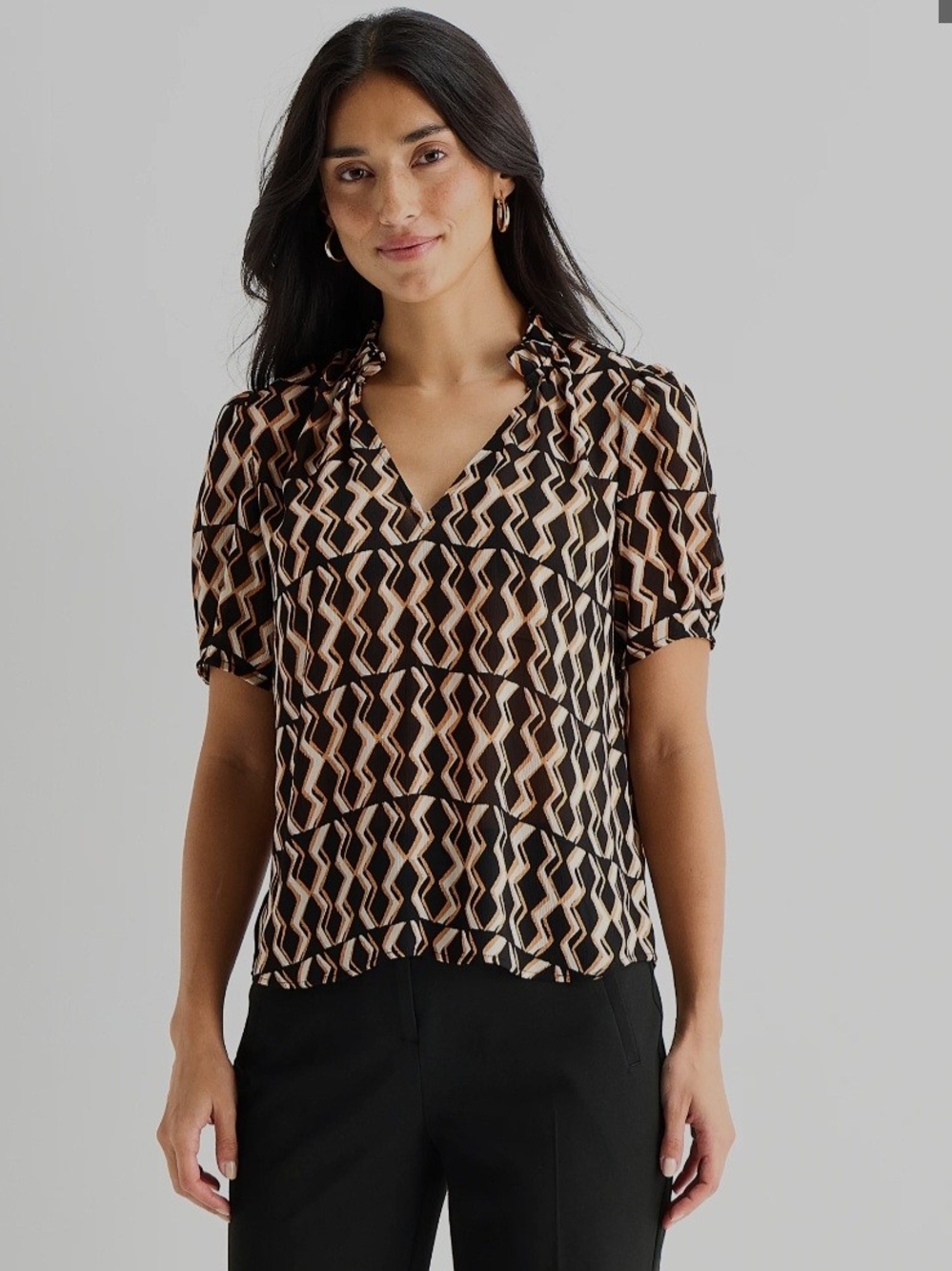 Worthington Black & Beige Geometric V-Neck Blouse